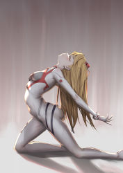 Rule 34 | 1girl, absurdres, artist request, ass, blue eyes, blush, bodysuit, breasts, brown hair, closed mouth, cowboy shot, evangelion: 3.0+1.0 thrice upon a time, flexible, gluteal fold, hair between eyes, hair ornament, highres, interface headset, kneeling, long hair, medium breasts, neon genesis evangelion, orange hair, pilot suit, plugsuit, rebuild of evangelion, shiny clothes, simple background, skin tight, solo, souryuu asuka langley, two side up, very long hair, white bodysuit