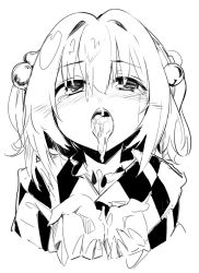 Rule 34 | 1girl, bell, blush, checkered clothes, checkered kimono, cum, cum in mouth, cum on tongue, cupping hands, greyscale, hair bell, hair ornament, japanese clothes, kamukamu (ars), kimono, monochrome, motoori kosuzu, own hands together, simple background, solo, tears, touhou, two side up, white background