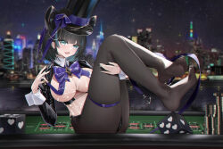 Rule 34 | 1girl, absurdres, animal ears, aqua eyes, azur lane, black shrug, blurry, blurry background, breast curtains, breasts, cheshire (azur lane), cheshire (the cat in the magic hat) (azur lane), cleavage, dice, fake animal ears, full body, hat, highres, knees up, large breasts, leg hold, leotard, lilin (pixiv 25958194), long ribbon, meme attire, multicolored hair, night, night sky, no shoes, nontraditional playboy bunny, official alternate costume, poker chip, reverse bunnysuit, reverse outfit, see-through, see-through leotard, sitting, sky, skyline, solo, streaked hair, thigh strap, toes, top hat