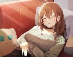 Rule 34 | 1girl, ahoge, belt, berry, black choker, brown hair, brown skirt, choker, closed eyes, couch, earrings, food-themed earrings, friend (nanashi mumei), glasses, hololive, hololive english, jewelry, light rays, long hair, multicolored hair, nanashi mumei, nanashi mumei (casual), necklace, objectification, official alternate costume, on couch, open mouth, pillow, plaid, plaid skirt, red shirt, round eyewear, shirt, shuuzo3, skirt, sleeping, sleeves past wrists, streaked hair, stuffed toy, sweater, virtual youtuber, white sweater