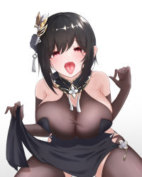 Rule 34 | 1girl, absurdres, azur lane, bare shoulders, black dress, black flower, black hair, bodystocking, breasts, brown gloves, chen hai (azur lane), chen hai (vestibule of wonders) (azur lane), china dress, chinese clothes, detached collar, dress, elbow gloves, flower, gloves, hair flower, hair ornament, highres, huge breasts, jndfh, looking at viewer, medium hair, official alternate costume, open mouth, oral invitation, pelvic curtain, red eyes, see-through, simple background, taut clothes, taut dress, teeth, upper teeth only, white background