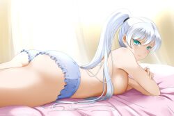 Rule 34 | 1girl, ass, bed, breasts, green eyes, highres, kimmy77, lingerie, long hair, looking at viewer, lying, nipples, on stomach, ponytail, rwby, scar, serious, shorts, small breasts, solo, solo focus, tagme, thighs, topless, underwear, very long hair, weiss schnee, white hair