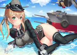 Rule 34 | 10s, 1girl, anchor hair ornament, aqua eyes, black panties, blonde hair, breasts, cross, gloves, hair ornament, hat, iron cross, kantai collection, large breasts, long hair, low twintails, military, military hat, military uniform, panties, peaked cap, prinz eugen (kancolle), smile, solo, tako seijin, twintails, underwear, uniform, water, white gloves