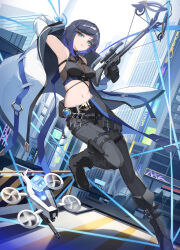 Rule 34 | 1girl, absurdres, alternate costume, arm behind head, arm up, armpits, bare shoulders, belt, black footwear, black gloves, black hair, black pants, black shirt, blue hair, boots, bow (weapon), breasts, cityscape, cleavage, coat, contemporary, crop top, crossbow, dagger, dice, drone, eruthika, genshin impact, gloves, green eyes, grin, highres, holding, holding crossbow, holding weapon, knife, leg up, looking at viewer, medium breasts, midriff, multicolored hair, navel, open clothes, open coat, pants, scope, see-through, see-through cleavage, shirt, short hair, sleeveless, sleeveless shirt, smile, solo, stomach, thigh strap, two-tone hair, vision (genshin impact), weapon, white coat, yelan (genshin impact)