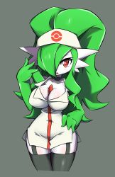 Rule 34 | absurdres, breasts, collarbone, cosplay, creatures (company), curly hair, game freak, gardevoir, garter belt, gen 3 pokemon, green hair, high ponytail, highres, hilda (pokemon), hilda (pokemon) (cosplay), long hair, nintendo, nurse, ogebo go, open mouth, pokemon, pokemon bw, red eyes, simple background, solo, thighhighs