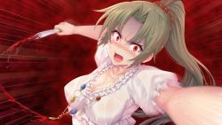 Rule 34 | 1girl, blood, blush, breasts, cleavage, crazy eyes, crying, crying with eyes open, game cg, green hair, highres, higurashi no naku koro ni, hinamizawa teiryuujo, knife, long hair, looking at viewer, official art, open mouth, ponytail, red eyes, screaming, scrunchie, solo, sonozaki mion, spoilers, tears, teeth, third-party source, tomozo kaoru, wet, wet clothes, wet hair