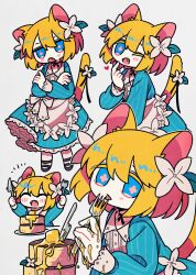 Rule 34 | 1other, animal ears, apron, arms up, black choker, blonde hair, blue dress, blue eyes, blush stickers, butter, buttons, cat ears, cat tail, choker, closed mouth, crossed arms, dirty hands, dress, fang, fangs, finger heart, flower, flower-shaped pupils, food, fork, grey background, grey footwear, hair flower, hair ornament, hand up, heart, highres, holding, holding fork, holding knife, knife, long sleeves, looking at viewer, medium hair, multicolored hair, multiple views, one eye closed, open mouth, original, pale skin, pancake, pancake stack, petticoat, pink hair, pink pupils, pinstripe dress, pinstripe pattern, planted, planted knife, planted weapon, puffy long sleeves, puffy sleeves, ribbon, ribbon choker, rokue (yaigi), shoes, smile, standing, symbol-shaped pupils, tail, tail flower, tail ornament, tail ribbon, tongue, tongue out, two-tone hair, waist apron, weapon, white apron, white flower, yaigi, yellow tail