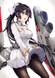 Rule 34 | 1girl, aiguillette, arisaka ako, azur lane, bad id, bad pixiv id, black hair, black pantyhose, bow, breasts, commentary request, dress, gloves, hair bow, high ponytail, large breasts, long hair, long sleeves, looking at viewer, military, military uniform, miniskirt, open mouth, pantyhose, pleated skirt, ponytail, rigging, sidelocks, simple background, skirt, solo, takao (azur lane), teeth, thighband pantyhose, uniform, very long hair, white bow, white dress, wind, wind lift, yellow eyes