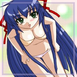 Rule 34 | 00s, 1girl, blue hair, blush, blush stickers, bra, breasts, broccoli (company), cleavage, dutch angle, galaxy angel, green eyes, karasuma chitose, large breasts, lingerie, long hair, looking at viewer, lowres, non-web source, panties, panty pull, ribbon, smile, solo, underwear, underwear only, very long hair, white panties, yellow bra