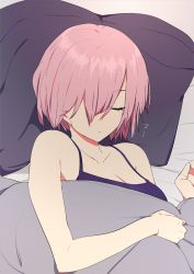 Rule 34 | 1girl, alternate costume, bare shoulders, bed sheet, blanket, blush, breasts, camisole, cleavage, closed mouth, collarbone, fate/grand order, fate (series), hair over one eye, lying, mash kyrielight, medium breasts, on back, pillow, pink hair, short hair, sleeping, sleeveless, sohin, solo, spaghetti strap, translated, upper body