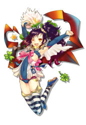 Rule 34 | &gt;;d, 1girl, ;d, ar nosurge, armpits, arms up, blue footwear, brown eyes, clenched hands, covered navel, detached sleeves, fang, flower, highres, long hair, nayaflask, ntny, official art, one eye closed, open mouth, purple hair, shoes, side ponytail, silhouette, smile, solo, striped clothes, striped thighhighs, surge concerto, thighhighs, v-shaped eyebrows, white background