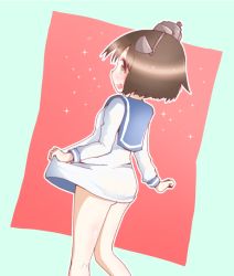 Rule 34 | 10s, 1girl, brown eyes, brown hair, dress, kantai collection, long sleeves, open mouth, oyatsu (jzs 137), oyatsu (mk2), sailor collar, sailor dress, short hair, simple background, solo, sparkle, yukikaze (kancolle)