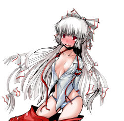 Rule 34 | 1girl, arms behind back, bikini, blush, bow, breasts, cleavage, clothes pull, dateya torahachi, embarrassed, female focus, fujiwara no mokou, hair bow, highres, long hair, no bra, open clothes, open shirt, pants, pants pull, red eyes, shirt, silver hair, simple background, solo, striped bikini, striped clothes, suspenders, swimsuit, tears, touhou, undone, unfastened, very long hair