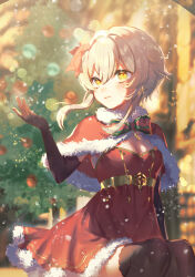 Rule 34 | 1girl, absurdres, alternate costume, black thighhighs, blurry, blurry background, blush, bokeh, bow, bowtie, breasts, brooch, capelet, christmas, christmas tree, closed mouth, commentary, depth of field, dress, elbow gloves, english commentary, feet out of frame, flower, fur-trimmed capelet, fur-trimmed dress, fur trim, genshin impact, gloves, gold trim, green bow, green bowtie, hair flower, hair ornament, hand up, harushio, highres, jewelry, looking to the side, lumine (genshin impact), outstretched hand, red bow, red bowtie, red capelet, red flower, santa dress, short dress, short hair with long locks, sleeveless, sleeveless dress, small breasts, smile, snowing, solo, strapless, strapless dress, thighhighs, thighs, twitter username, two-tone bowtie, winter, yellow eyes, zettai ryouiki