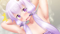 Rule 34 | 1girl, @ @, ^^^, ahoge, arms behind back, arms up, bare arms, bare shoulders, blush, collarbone, commentary request, dutch angle, embarrassed, flat chest, hair ornament, hair tubes, hairpin, kuroimori99, long hair, looking at viewer, low twintails, purple eyes, purple hair, shiny skin, solo, steaming body, strapless, surprised, sweat, tareme, twintails, upper body, vocaloid, voiceroid, yuzuki yukari