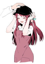 1girl black_hat closed_eyes cowboy_shot cropped_legs da_huang dress hat minamoto_sakura open_mouth pink_dress red_hair shirt simple_background sleeveless sleeveless_dress smile white_background white_shirt zombie_land_saga