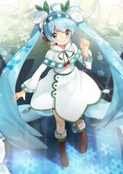 Rule 34 | 1girl, ahoge, bad id, bad pixiv id, blue eyes, blue hair, boots, brown footwear, capelet, flower, fur boots, hatsune miku, headset, lily of the valley, long hair, looking at viewer, matching hair/eyes, shovelwall, shovelwell, smile, snowdrop (flower), snowflake print, snowflakes, solo, twintails, very long hair, vocaloid, yuki miku