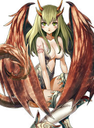 Rule 34 | 1girl, :o, bare shoulders, between legs, boots, breasts, cleavage, collarbone, dragon girl, dragon horns, dragon maker, dragon tail, facial mark, gaou (umaiyo puyoman), green eyes, green hair, horns, large breasts, long hair, looking at viewer, matching hair/eyes, monster girl, open mouth, simple background, sitting, solo, tail, tattoo, thighhighs, white background, white thighhighs, wings