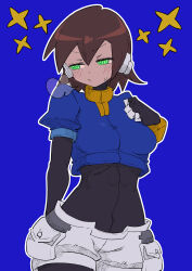 Rule 34 | 1girl, absurdres, aile (mega man zx), black bodysuit, blue background, blush, bodysuit, bodysuit under clothes, breasts, breath, brown hair, buzzlyears, closed mouth, covered navel, cropped jacket, glowing, glowing eyes, green eyes, highres, jacket, looking at viewer, looking to the side, medium breasts, mega man (series), mega man zx, ringed eyes, robot ears, short hair, shorts, sigh, simple background, solo, star (symbol), upper body, white shorts