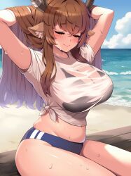 Rule 34 | 1girl, animal ear fluff, animal ears, antlers, arms behind head, beach, bikini, bikini under clothes, black bikini, bloody0rabby, blue sky, breasts, brown hair, closed eyes, closed mouth, cloud, commentary, day, deer ears, deer girl, diana (trickcal), highres, horns, large breasts, long hair, midriff, navel, ocean, outdoors, see-through, see-through shirt, shirt, sitting, sky, solo, sweat, swimsuit, thighs, tied shirt, trickcal, white shirt