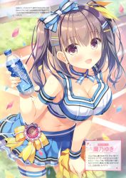Rule 34 | 1girl, :d, absurdres, armband, bare shoulders, blue shirt, blue skirt, blush, bottle, bow, breasts, brown eyes, brown hair, cheerleader, choker, cleavage, collarbone, cowboy shot, crop top, hair bow, hair ornament, hairclip, highres, holding, holding bottle, holding pom poms, leaning forward, long hair, looking at viewer, medium breasts, midriff, miniskirt, navel, open mouth, original, outdoors, petals, pleated skirt, pom pom (cheerleading), ribbon, ribbon choker, shadow, shirt, skindentation, skirt, sleeveless, sleeveless shirt, smile, solo, standing, sunlight, sweatband, takano yuki (allegro mistic), thigh strap, twintails, water bottle, yellow ribbon