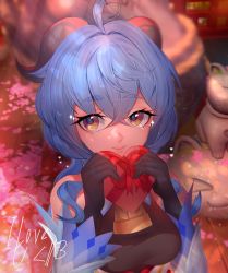 Rule 34 | 1girl, ahoge, bare shoulders, bell, black gloves, blue hair, blush, breasts, candy, chikenug1000000, chocolate, chocolate heart, detached sleeves, food, ganyu (genshin impact), genshin impact, gloves, gold trim, heart, horns, long hair, looking at viewer, medium breasts, multicolored eyes, neck bell, sidelocks, smile, solo, upper body, valentine, white sleeves