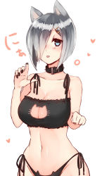 Rule 34 | 10s, 1girl, :p, alternate costume, animal ears, bell, neck bell, belt, black nails, black panties, blue eyes, bob cut, breasts, cat cutout, cat ear panties, cat ears, cat lingerie, choker, cleavage, cleavage cutout, clenched hand, clothing cutout, collar, hair ornament, hair over one eye, hairclip, hamakaze (kancolle), heart, highres, kantai collection, kemonomimi mode, large breasts, looking at viewer, meme attire, nail polish, navel, one eye covered, panties, sakiryo kanna, short hair, side-tie panties, silver hair, simple background, sketch, solo, stomach, tongue, tongue out, underwear, underwear only, upper body, white background