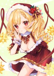 Rule 34 | 1girl, absurdres, arm behind back, blonde hair, braid, braided bangs, breasts, christmas, closed mouth, crystal, downblouse, dress, drill hair, fang, fingernails, flandre scarlet, frilled cuffs, frilled sleeves, frills, fur-trimmed dress, fur collar, fur trim, hat, hat ribbon, highres, holly, leaning forward, looking at viewer, mokokiyo (asaddr), neck ribbon, off-shoulder dress, off shoulder, ojou-sama pose, one side up, pointy ears, red dress, red eyes, red hat, red ribbon, ribbon, santa dress, santa hat, sharp fingernails, short dress, short sleeves, side drill, small breasts, smile, solo, standing, touhou, wings