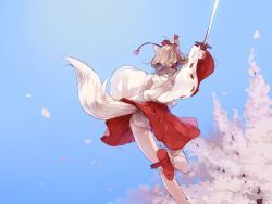Rule 34 | 1girl, animal ears, arm up, ass, bare legs, bare shoulders, blue background, cherry blossoms, day, detached sleeves, female focus, from behind, grey hair, hat, inubashiri momiji, jumping, junwool, long sleeves, panties, pantyshot, petals, short hair, skirt, sky, solo, sword, tail, tokin hat, touhou, underwear, upskirt, weapon, wide sleeves, wolf ears, wolf tail