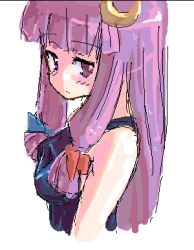 Rule 34 | 1girl, crescent, crescent hair ornament, female focus, hair ornament, long hair, looking at viewer, lowres, oekaki, patchouli knowledge, purple eyes, purple hair, sidelocks, simple background, solo, tank top, touhou, upper body, white background