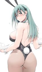 Rule 34 | 1girl, animal ears, aqua hair, ass, bare back, bare shoulders, black leotard, blush, breasts, detached collar, fake animal ears, fake tail, hair between eyes, highres, holding, holding tray, kantai collection, large breasts, leotard, long hair, looking at viewer, looking back, pantyhose, playboy bunny, rabbit ears, solo, strapless, strapless leotard, suzuya (kancolle), tail, tray, wrist cuffs, zekkyon