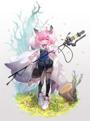 Rule 34 | 1girl, absurdres, ahoge, animal ears, arknights, bag, bare tree, black collar, black pantyhose, blue eyes, blue jacket, cloak, closed mouth, collar, cross, fox ears, fox girl, fox tail, full body, gloves, high tops, highres, holding, holding staff, hood, hooded cloak, infection monitor (arknights), jacket, long hair, looking at viewer, pantyhose, pink hair, pouch, red cross, shoes, shoulder bag, sneakers, solo, staff, sussurro (arknights), tail, thigh strap, tree, tree stump, white cloak, white footwear, white gloves, xiaoyunatie