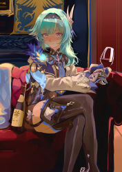 Rule 34 | 1girl, absurdres, alcohol, black gloves, black hairband, blue cape, blue hair, blue necktie, blush, boots, bottle, cape, closed mouth, couch, crossed legs, cup, drinking glass, drunk, eula (genshin impact), feet out of frame, genshin impact, gloves, hair ornament, hairband, high-waist shorts, highres, indoors, itsukado kawa, light frown, long sleeves, looking at viewer, medium hair, necktie, nose blush, on couch, orange eyes, shorts, sidelocks, solo, thigh boots, vision (genshin impact), white sleeves, wide sleeves, wine, wine bottle, wine glass