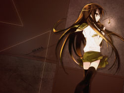 Rule 34 | 00s, 1girl, alastor (shakugan no shana), black thighhighs, briefcase, brown eyes, brown hair, brown theme, character name, closed mouth, expressionless, floating, floating object, glowing, green skirt, hugging object, ito noizi, jewelry, long hair, looking afar, looking to the side, miniskirt, necklace, pendant, puffy short sleeves, puffy sleeves, school briefcase, school uniform, serafuku, shakugan no shana, shana, shirt, short sleeves, skirt, solo, thighhighs, triangle, very long hair, walking, wallpaper, white shirt, wind, wind lift, zettai ryouiki