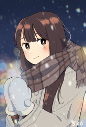 Rule 34 | 1girl, brown hair, coat, highres, kojiro337, long hair, looking at viewer, mittens, original, outdoors, own hands together, scarf, smile, snow, winter clothes