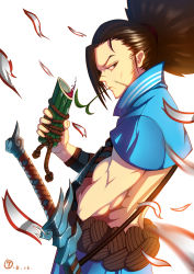 Rule 34 | 1boy, bamboo, brown hair, facial hair, grey eyes, highres, long hair, male focus, midriff, mouth hold, profile, sheath, sheathed, sideburns, sideways glance, standing, stubble, sword, weapon, yasuo, yasuo (league of legends), zhang tie tong