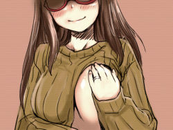 Rule 34 | 1girl, blush, breast lift, breasts, brown hair, clothes lift, covering privates, covering breasts, glasses, head out of frame, jewelry, large breasts, long hair, original, red-framed eyewear, ribbed sweater, ring, sakaki imasato, shirt lift, smile, solo, sweater, sweater lift, teasing, wedding band