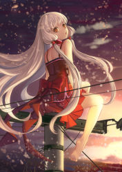 Rule 34 | 1girl, air (air end), barefoot, bow, brown eyes, chii, chobits, from behind, full body, highres, long hair, looking at viewer, looking back, open mouth, outdoors, power lines, red bow, red skirt, sidelocks, sitting, skirt, solo, sunset, utility pole, very long hair, white hair