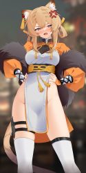 Rule 34 | 1girl, absurdres, animal ear fluff, animal ears, arknights, blurry, blurry background, blush, breasts, brown hair, du yaoye (arknights), grey eyes, hands on own hips, highres, knife, large breasts, long sleeves, looking at viewer, medium hair, no panties, open mouth, pelvic curtain, solo, thigh strap, thighhighs, thighs, white thighhighs, z.taiga