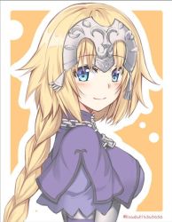 Rule 34 | 1girl, blonde hair, blue eyes, blush, braid, breasts, capelet, chain, closed mouth, fate/apocrypha, fate/grand order, fate (series), from side, headpiece, jeanne d&#039;arc (fate), jeanne d&#039;arc (ruler) (fate), kouzuki tsubasa (musou kaidou), long hair, looking at viewer, looking to the side, medium breasts, outline, single braid, smile, solo, twitter username, upper body