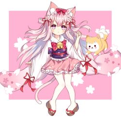 Rule 34 | 1girl, animal, animal ears, azur lane, bell, blush, blush stickers, bow, brown footwear, cat ears, cat girl, cat tail, closed mouth, commentary request, dog, flower, frilled skirt, frills, full body, hair between eyes, hair bow, hair flower, hair ornament, hair ribbon, hand up, japanese clothes, jingle bell, jiucheng nainai, kimono, kisaragi (azur lane), kisaragi (new year&#039;s wish) (azur lane), long hair, long sleeves, looking at viewer, obi, pantyhose, petals, pink background, pink eyes, pink flower, pink hair, pink kimono, pink skirt, red bow, red ribbon, ribbon, sandals, sash, short kimono, skirt, sleeves past wrists, solo, tail, thick eyebrows, two-tone background, two side up, very long hair, white background, white pantyhose, wide sleeves, zouri