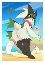 Rule 34 | 1girl, @ @, anus, beach, blue sky, border, cloud, creatures (company), day, fangs, furry, furry female, game freak, green fur, kekitopu, leaf, looking back, mask, md5 mismatch, meowscarada, multiple others, nintendo, open mouth, outdoors, pink eyes, pokemon, pokemon (creature), pussy, pussy juice, resolution mismatch, sand, shadow, sky, slit pupils, smile, source larger, standing, tongue, white border, wiglett