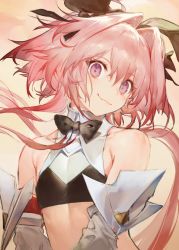 Rule 34 | 1boy, astolfo (fate), astolfo (saber) (fate), bare shoulders, black bow, black ribbon, blush, bow, bowtie, detached sleeves, fang, fang out, fate/grand order, fate (series), hair between eyes, hair bow, hair intakes, hair ornament, hair ribbon, kodama (wa-ka-me), long hair, looking at viewer, male focus, multicolored hair, pink hair, purple eyes, ribbon, skin fang, smile, solo, streaked hair, trap, twintails, upper body, white hair