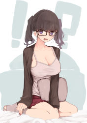 Rule 34 | !?, 1girl, absurdres, blush, boyshort panties, breasts, brown hair, brown jacket, camisole, cleavage, covered erect nipples, d:, earrings, fingernails, flying sweatdrops, grey camisole, grey socks, highres, holding, holding pillow, jacket, jewelry, large breasts, long sleeves, looking at viewer, medium hair, mole, mole on breast, nail polish, open clothes, open jacket, open mouth, original, pillow, purple eyes, red nails, rucchiifu, sitting, socks, solo, stud earrings, toeless legwear, toenail polish, toenails, twintails