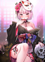 Rule 34 | 1girl, ayaoshiro, bare shoulders, black kimono, blunt bangs, blush, breasts, cleavage, cup, detached collar, flower, fox mask, hair flower, hair ornament, highres, holding, holding cup, hololive, hololive english, japanese clothes, kimono, legs, looking at viewer, mask, mask on head, medium breasts, mori calliope, mori calliope (new year), petals, pink eyes, pink hair, sakazuki, short hair, skull, solo, virtual youtuber, wide sleeves