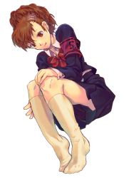 Rule 34 | 1girl, atlus, bad id, bad pixiv id, bow, brown eyes, brown hair, feet, from below, hair ornament, hairclip, highres, no shoes, persona, persona 3, persona 3 portable, shiomi kotone, shounibyou (shonibyodayo), sitting, smile, socks, solo