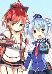 Rule 34 | 2girls, blue hair, breasts, cleavage, japan railways, large breasts, midriff, multiple girls, original, personification, ponytail, red hair, short hair, sky-freedom, small breasts, train, twintails, yellow eyes