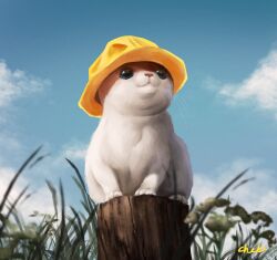 Rule 34 | animal focus, artist name, blue sky, cat, cloud, cloudy sky, commentary, day, english commentary, full body, grass, hat, highres, no humans, original, outdoors, sitting, skullchimes, sky, solo, watermark, yellow hat