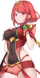 Rule 34 | 1girl, armor, black gloves, blaze (blaze pso2), bodysuit, breasts, chest jewel, covered navel, gloves, hands on own chest, highres, large breasts, looking at viewer, open mouth, partially fingerless gloves, pyra (xenoblade), red eyes, red hair, red shorts, short hair, short shorts, shorts, shoulder armor, skindentation, solo, swept bangs, tiara, white background, xenoblade chronicles (series), xenoblade chronicles 2