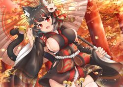 Rule 34 | 1girl, :d, absurdres, animal ear fluff, animal ears, autumn leaves, azur lane, bell, black hair, black kimono, blunt bangs, blush, breasts, cameltoe, cat ears, cat tail, fang, hand up, highres, holding, holding leaf, holding umbrella, huge filesize, japanese clothes, jingle bell, kimono, large breasts, leaf, long sleeves, looking at viewer, maple leaf, mask, mask on head, open mouth, outdoors, panties, red eyes, short hair, short kimono, sideboob, smile, solo, tail, tail bell, tail ornament, thick eyebrows, thighhighs, umbrella, underwear, white panties, white thighhighs, wide sleeves, yamashiro (azur lane), yashita saki